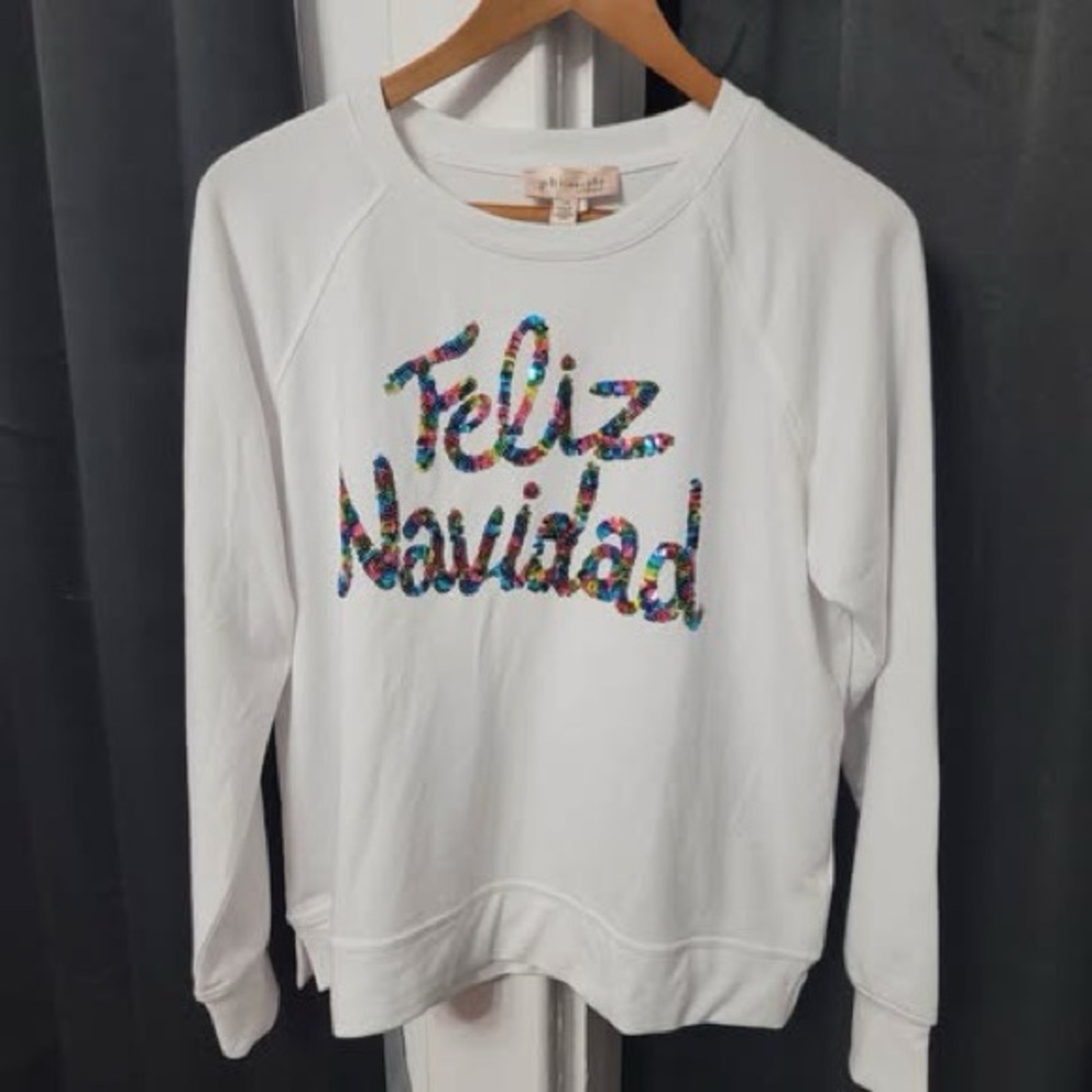 Philosophy White Crewneck Sweatshirt with Multicolor Sequin 'Feliz Navidad'